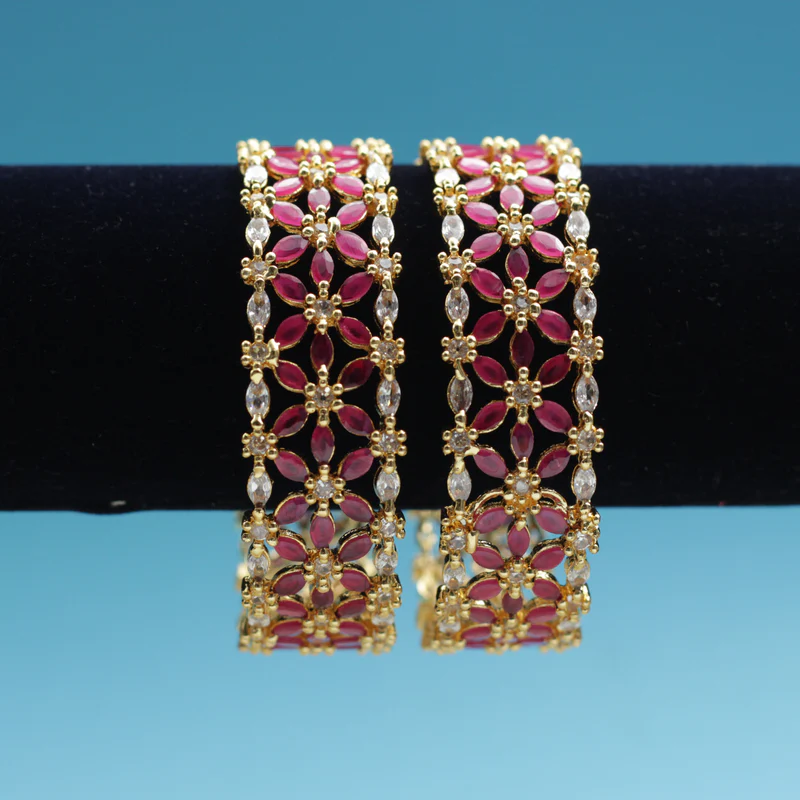 Thick Flower Cubic Zircon & AD Stone Gold Plated Bangles